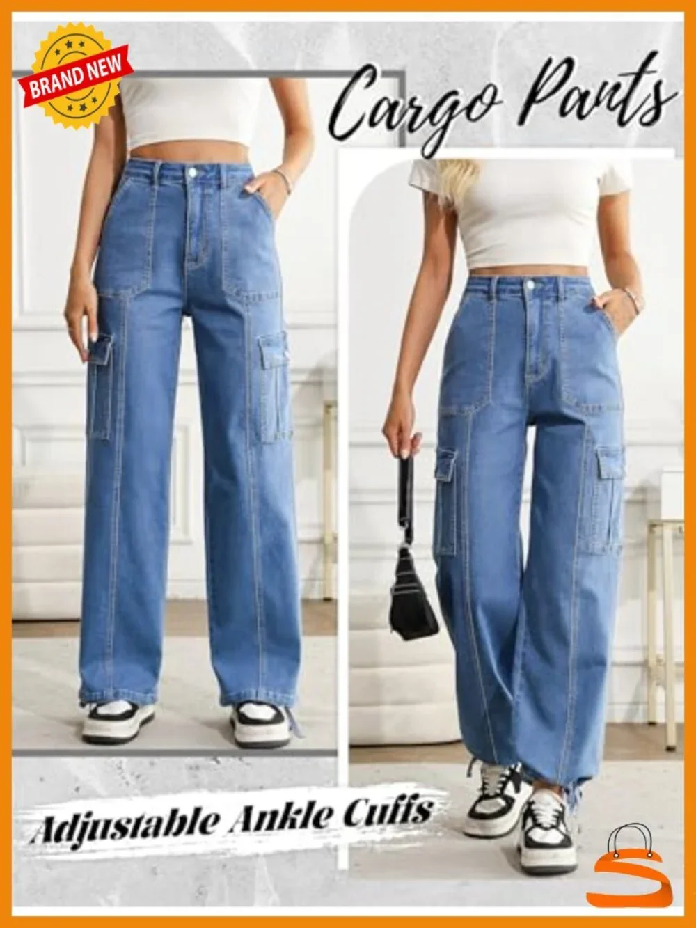 Wide Leg Cargo Jeans with 6 Pockets High Waisted Ankle Cuffs Stretch Cotton